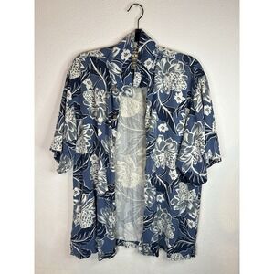 Vintage Tommy Bahama 100% Silk Blue & White Floral Hawaiian Shirt - Size Large